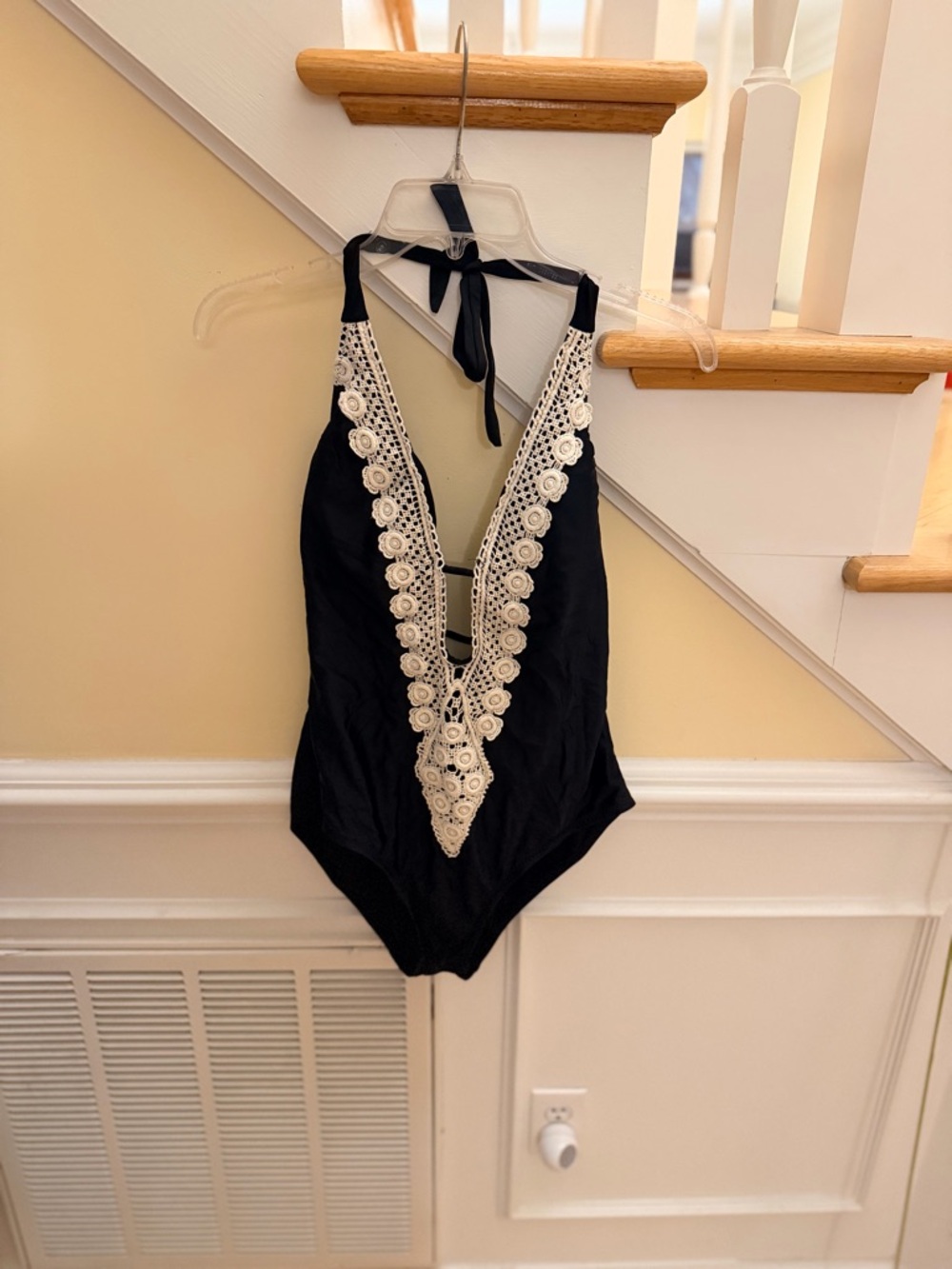 Ladies Sz. L "Mossimo" Supply Co. Black One-Piece Swimsuit Ivory Crochet V-Front